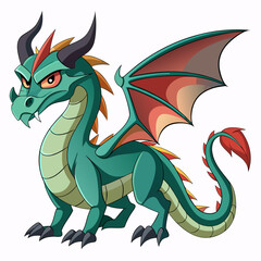 Naklejka premium Green Dragon with Spiked Horns, Red Wings, and Claws