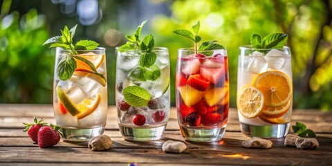 Fototapeta premium Summer Refreshment Four Fruit-Infused Drinks with Mint, Ice, and a Blurred Green Background on a Wooden Table