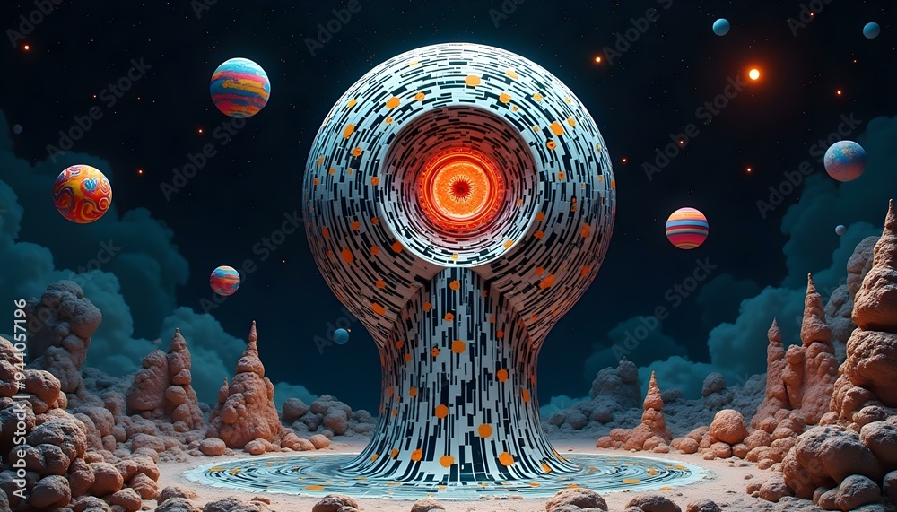 Wall mural a large, glowing, circular structure with intricate patterns and layers, surrounded by smaller spher