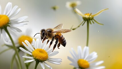 Obraz premium Flying European Honey Bee, Vector Art with Yellow Daisy and Pollen, Apis Mellifera Illustration