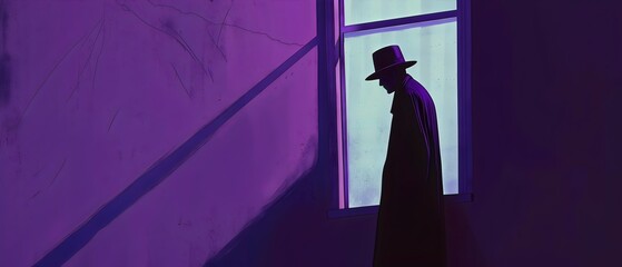 Mysterious Silhouette of a Man in Hat by the Window - Atmospheric Digital Art. Generative AI