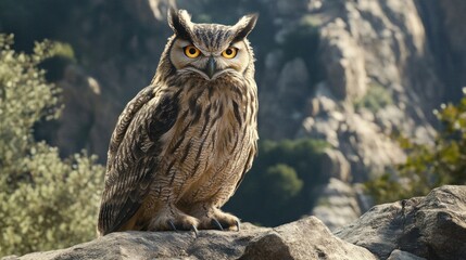 Eagle Owl Perched on a Rocky Cliff