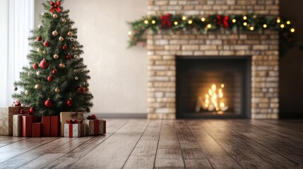 Table with christmas tree and fireplace with copy space