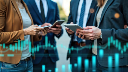 Business Team Analyzing Data on Digital Devices with Financial Charts Overlay