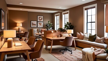 Fototapeta premium Experience the perfect blend of comfort and productivity with this modern office design, meticulously crafted to create a cozy and inviting workspace.