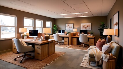 Experience the perfect blend of comfort and productivity with this modern office design, meticulously crafted to create a cozy and inviting workspace.