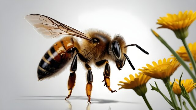 Flying European Honey Bee, Vector Art with Yellow Daisy and Pollen, Apis Mellifera Illustration