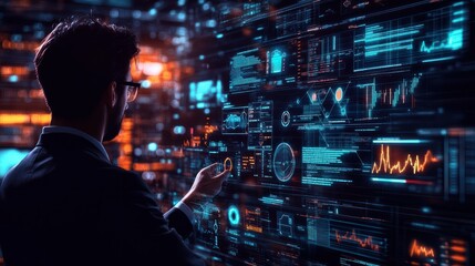 Naklejka premium The businessman analyzes sales data graph growth on a modern interface, icons on strategy, digital online marketing, solution analysis, and development contents on a global network connection.