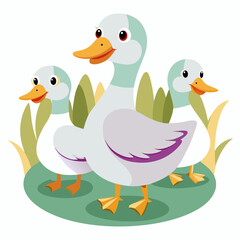 Fototapeta premium Three Cartoon Ducks in a Grassy Meadow