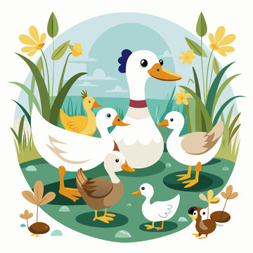 A Family of Ducks in a Green Meadow
