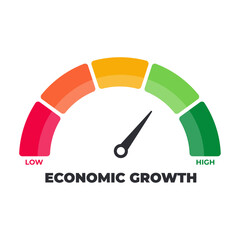 Economic growth level Meter, GDP, measuring scale, speedometer, indicator. Low to High, From red to green level, Meter, Vector stock illustration