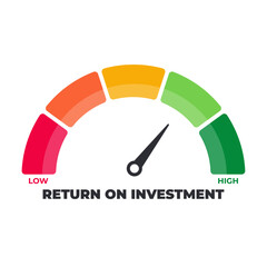 Return on investment, ROI Level Meter, measuring scale, speedometer, indicator. Low to High, From red to green level, Meter, Vector stock illustration. Profit, Cash back, Gain, Loose