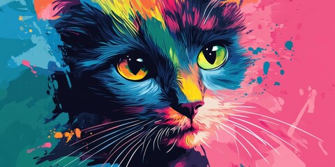 Colorful and vibrant cat art displaying a playful feline portrait