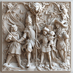 3D bas-relief, fairy-tale characters in vanilla and beige tones. Resource, sketch, template for creativity, creative interior decor, exterior facade decor, exhibition pavilion, gallery. Illustration, 