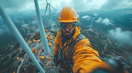 Fototapeta premium Wind Turbine Technician on a Wind Farm.
