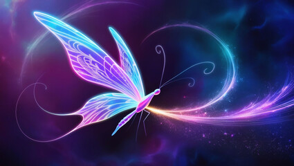 A vibrant, iridescent digital butterfly with delicate, swirling wings and a slender, elongated body