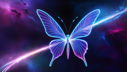 A vibrant, iridescent digital butterfly with delicate, swirling wings and a slender, elongated body