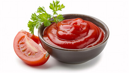 Tomato ketchup in a bowl with parsley isolated on white background