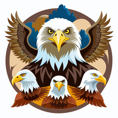 Obraz premium Bald Eagle and Three Chicks Surrounded by a Circular Frame