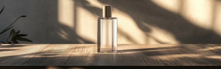 Glass shampoo bottle on a wooden table illuminated by sunlight