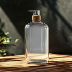 Clear glass shampoo bottle on a wooden surface with soft lighting
