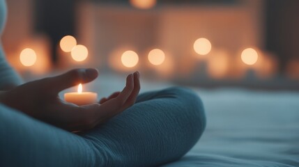A person meditating in bed with soft light and a calming atmosphere, representing mindfulness as part of a sleep routine