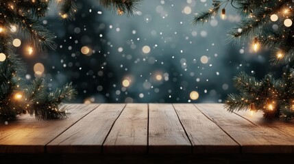 Winter Christmas product display template with empty wooden table fir branches and lights. Mockup image
