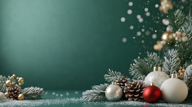 Winter themed home decor with various holiday elements on a green background space for text