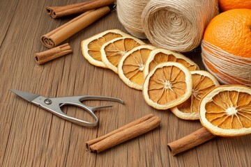 Ingredients for making a fragrant homemade orange Christmas wreath