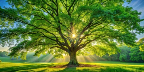 Fototapeta premium Sunlight Filtering Through a Lush Canopy, Low Angle Perspective, Vibrant Green Foliage, Tranquil Forest Scene