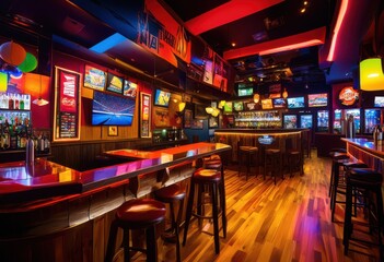 vibrant interior capturing dynamic atmosphere lively sports bar colorful decor engaging ambiance, colors, entertainment, furniture, lighting, menu, music