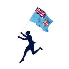 Vector illustration of man running and holding Fiji flag in hands on transparent background