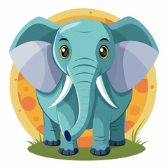 Cartoon Blue Elephant Standing in Grass with Orange Sun Background