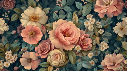 Tapeta w stylu vintage z fantastycznym motywem botanicznym. Na tle widnieje bukiet kwiatów w odcieniach retro.