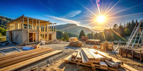 Fototapeta premium Sunrise Over Mountain Home Construction - Wooden Frame Under Bright Sky With Sun Rays