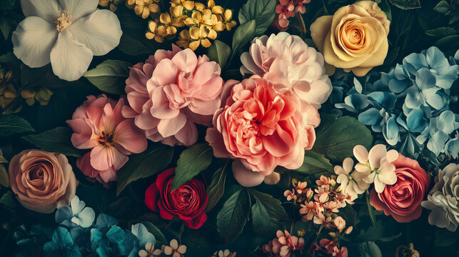 Fototapeta Tapeta w stylu vintage z fantastycznym motywem botanicznym. Na tle widnieje bukiet kwiatów w odcieniach retro.