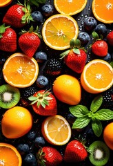 vibrant display drink ingredients arranged dynamic patterns showcasing colorful fruits refreshing herbs, beverage, cocktail, citrus, berries, mint, basil, ice