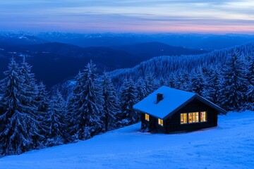 Austria, Altenmarkt-Zauchensee at night, illuminated wooden house, sledges, snowmen, and Christmas tree