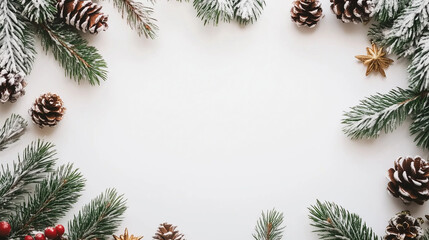 Świąteczna ramka na płaskim tle, wypełniona świątecznymi elementami, takimi jak bombki, błyszczące światełka, cynamonowe laski i śnieżynki.