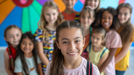 Fototapeta premium Kids with Teacher on First Day: A group of kids gathered around their teacher, ready to start the new school year with enthusiasm, with copy space