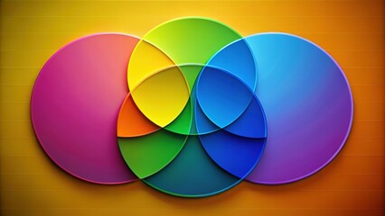 Fototapeta premium Colorful overlapping circles forming a venn diagram with bright backgrounds and subtle shadows, illustrating relationships, interactions, and connections between concepts or ideas.