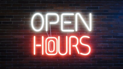 Obraz premium neon backlit style of the word open hours on a brick wall background