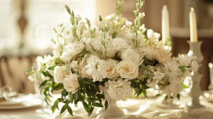 A beautifully arranged white floral centerpiece featuring roses and various other flowers, sitting on an elegantly set dinner table, evoking a sense of celebration and class.