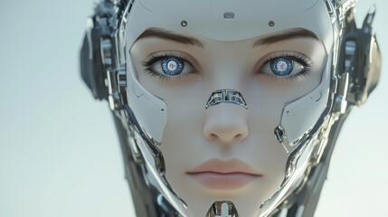 Twarz kobiecego robota w koncepcji sztucznej inteligencji, z nowoczesnym, futurystycznym wyglądem. Oczy robota są zintegrowane z jego strukturą, świecąc delikatnym blaskiem.