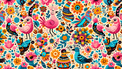 Fototapeta premium Seamless cartoon pattern of birds and flowers in bright colors for children
