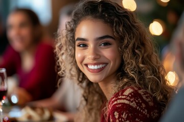 Fototapeta premium At the table, a smiling woman is enjoying Christmas dinner