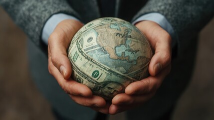 A globe being squeezed by hands made of cash, representing global political corruption