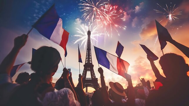 French Bastille Day celebration with fireworks over the Eiffel Tower and people waving French flags - Powered by Adobe