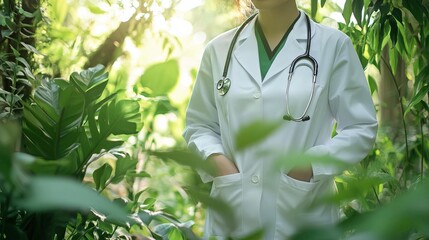 A doctor in a white coat stands among lush greenery, symbolizing health and nature's healing power.