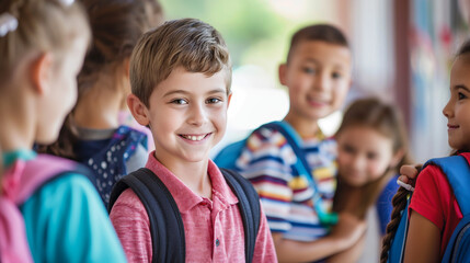 Fototapeta premium Kids with New Friends: Kids making new friends on the first day of school, bonding over shared interests, with copy space